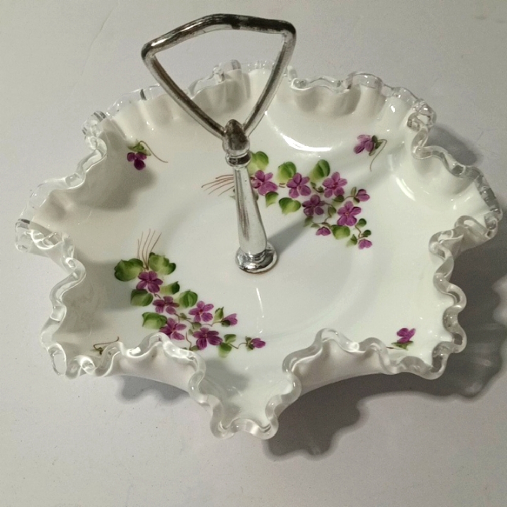 Fenton Silver Crest Violets Center Hnadle Server Tidbit Dish Vintage